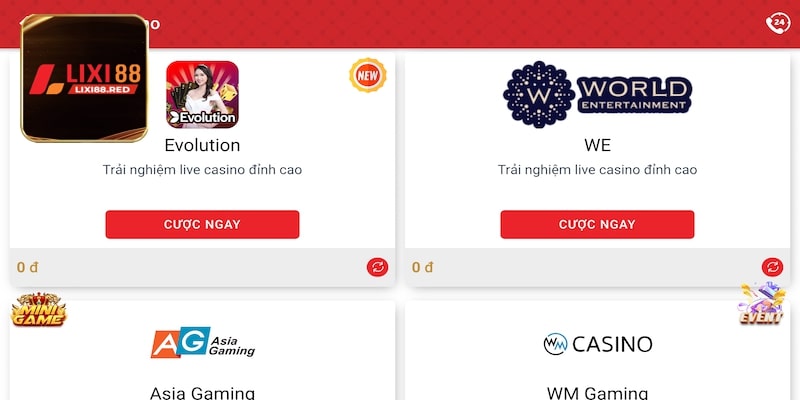 Nhiều sảnh game live casino Lixi88
